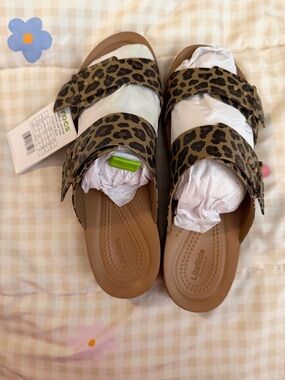 Crocs Leopard Print Double-Strap Slide Sandals - Brown/Black
